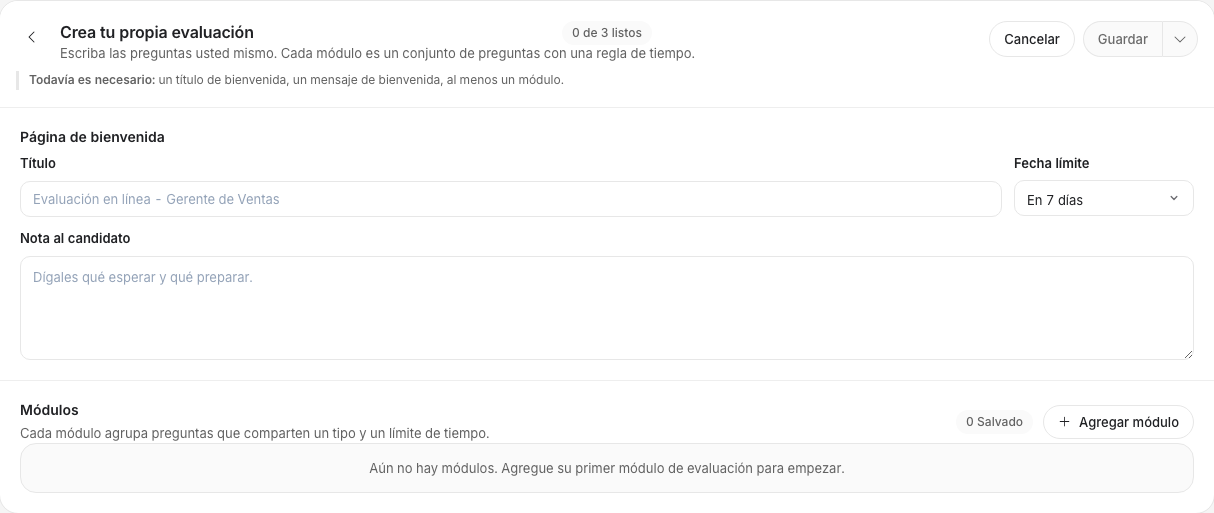 Creador de evaluaciones. Vista previa de la interfaz localizada con datos de prueba.