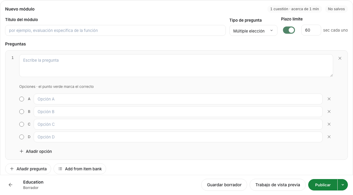 Preguntas de evaluación. Vista previa de la interfaz localizada con datos de prueba.