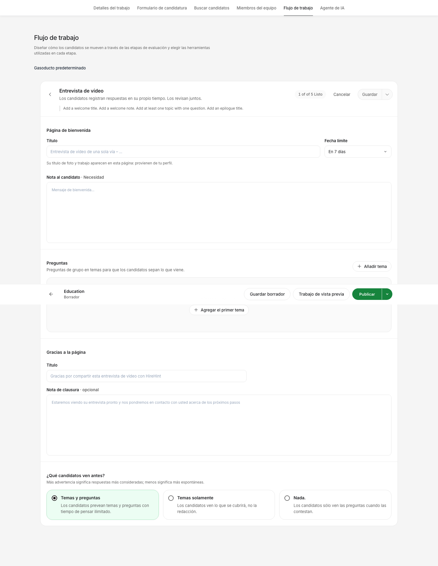 Configuración de entrevista en vídeo. Vista previa de la interfaz localizada con datos de prueba.