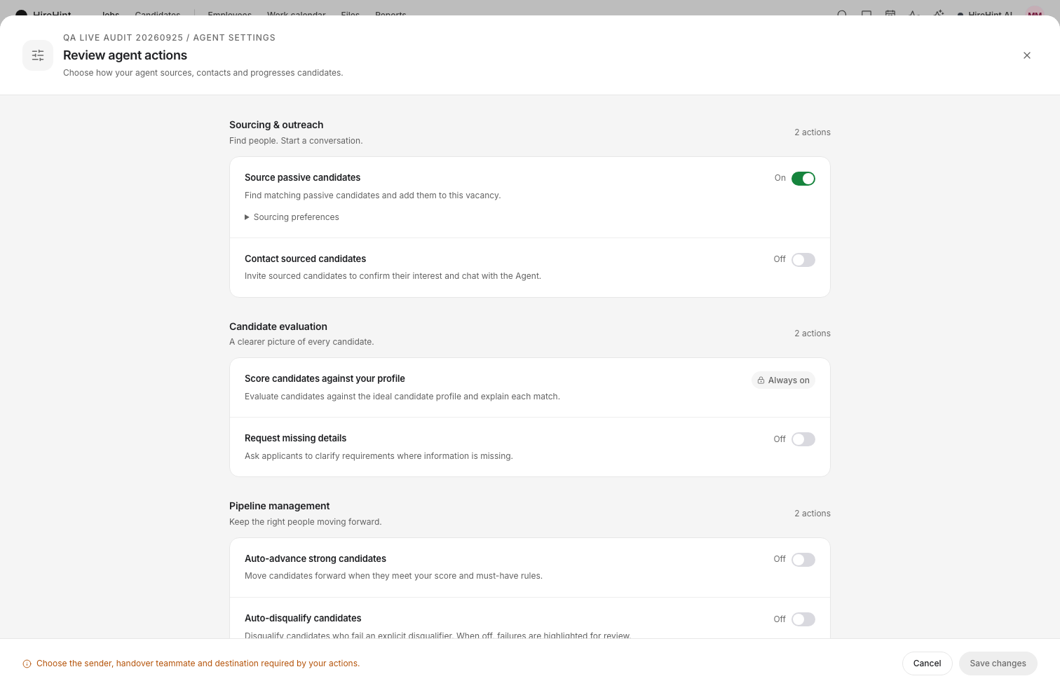 Actual HireHint Agent settings with separate sourcing, outreach, scoring, and missing-details controls.