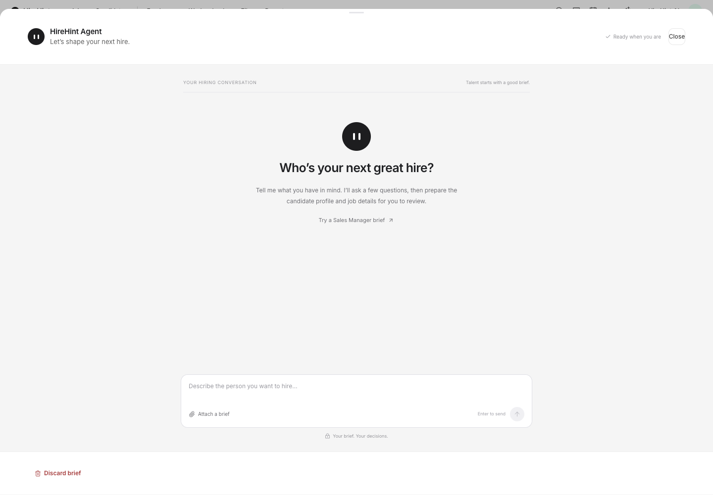Actual HireHint create-job Agent conversation entry, inviting a hiring team to describe the role.