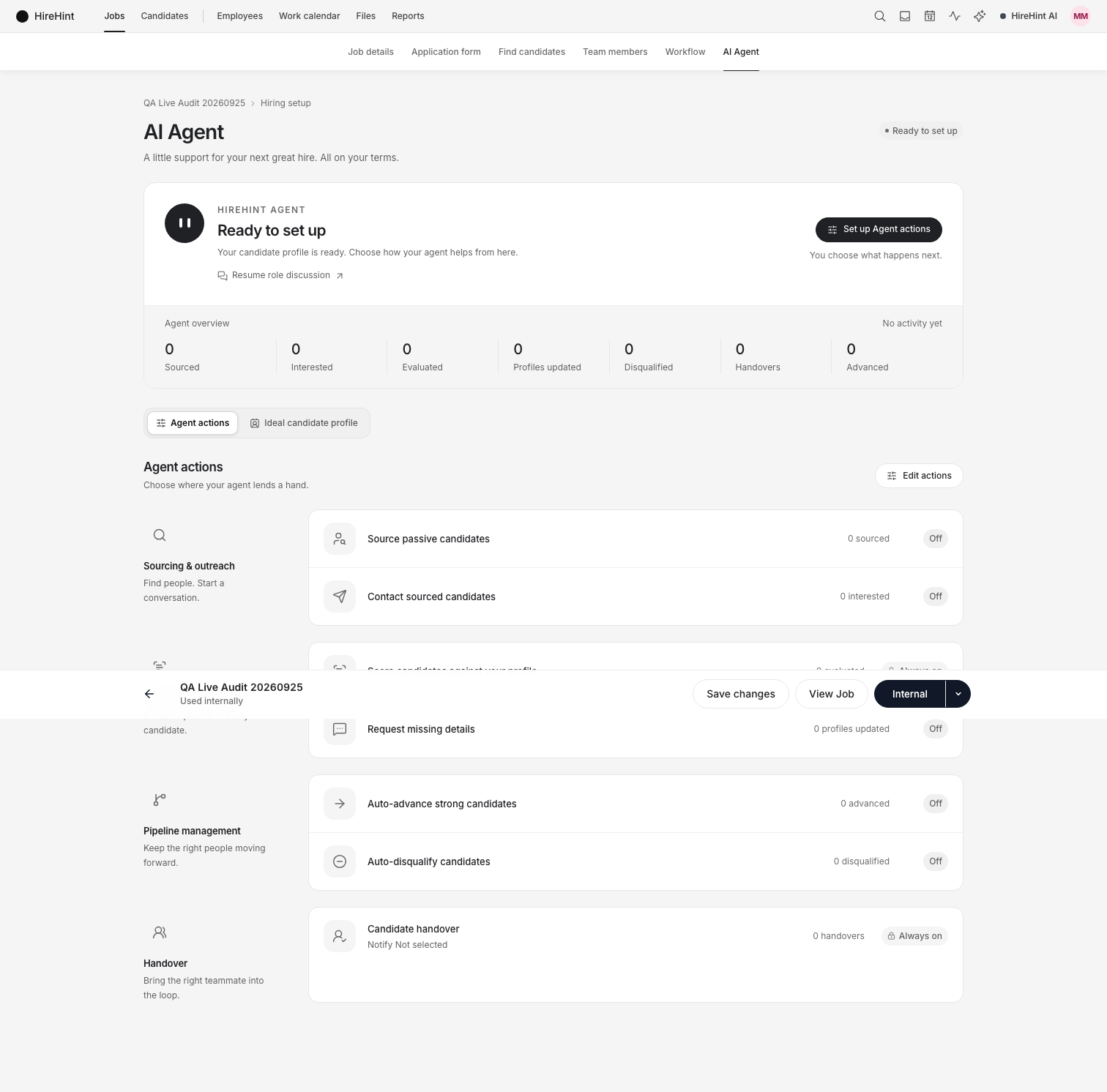 Actual HireHint Agent settings for a QA job, with status, activity categories, and action controls.