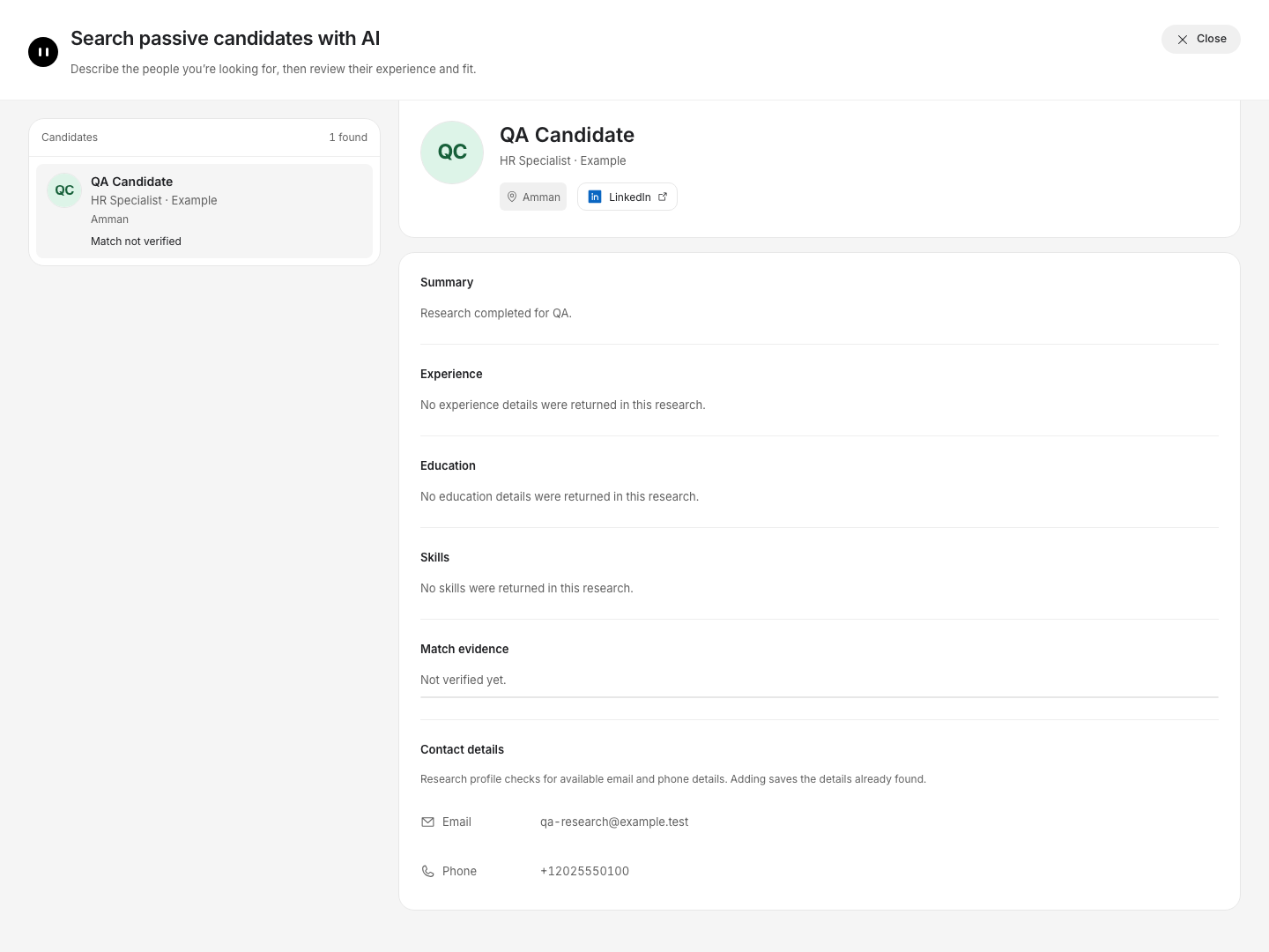 Actual HireHint profile research showing available contact details for a fictional QA candidate.