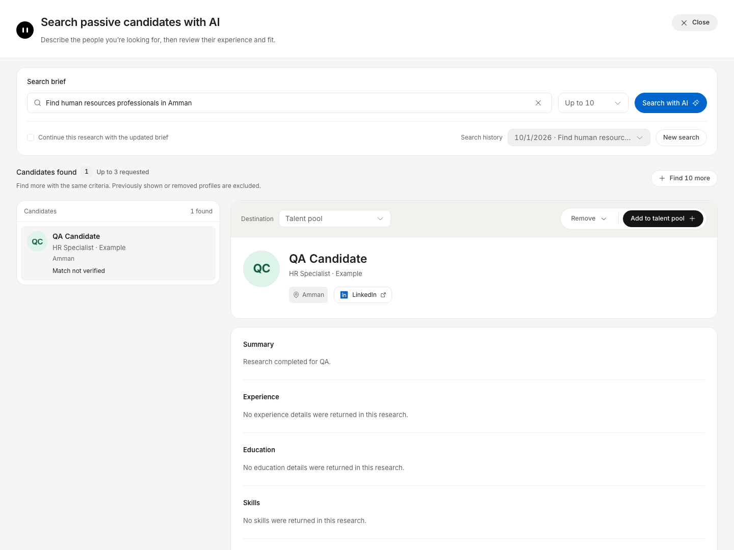 Actual HireHint AI Search with a search brief, candidate list, and talent-pool destination using a fictional QA candidate.