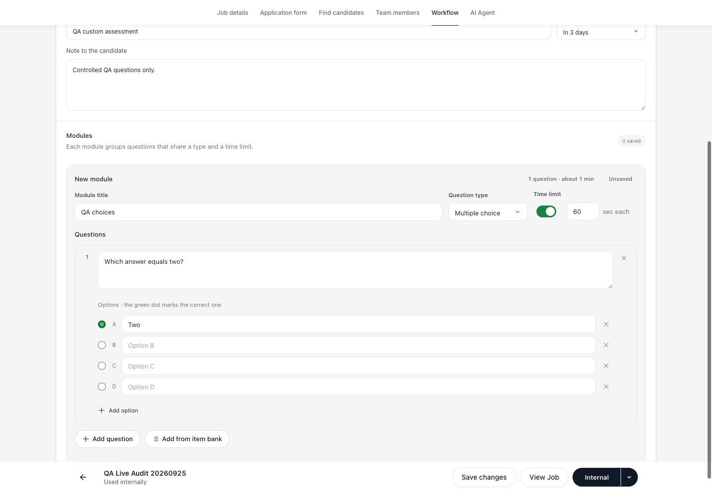 Actual HireHint custom module editor with multiple-choice answers, a time limit, and an item-bank action.