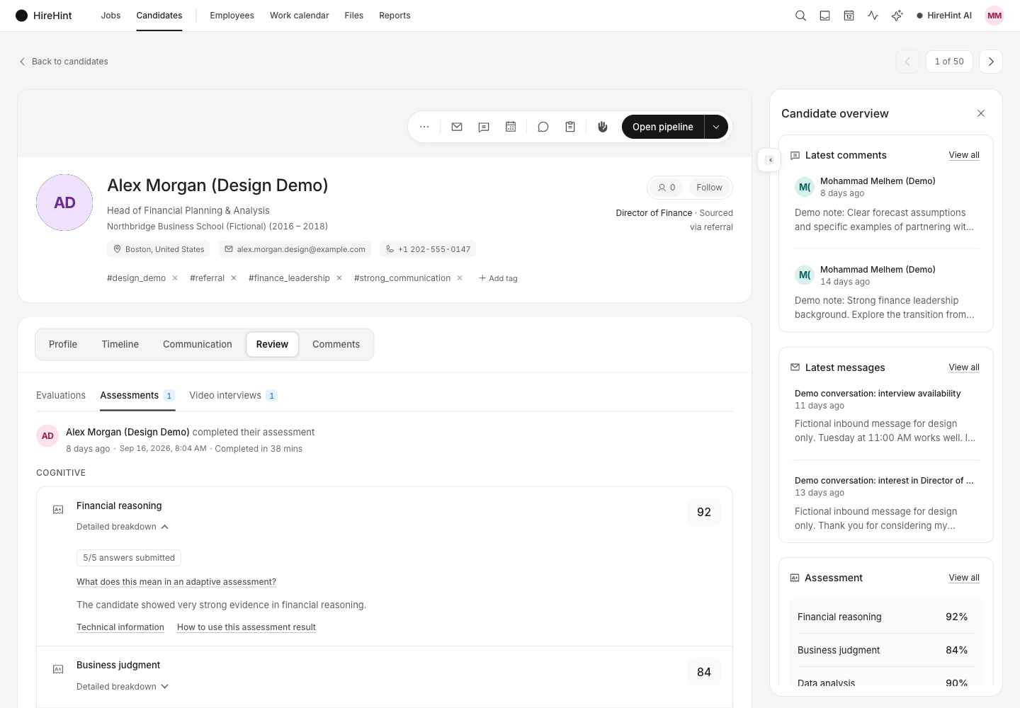 Actual HireHint assessment review for Alex Morgan, a fictional design-demo candidate, with an expanded module breakdown.