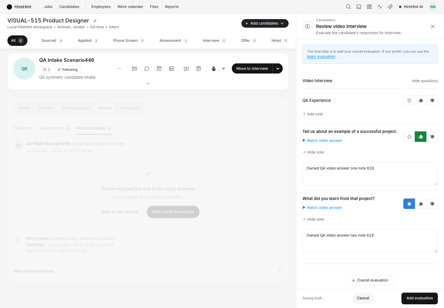 Actual HireHint video review drawer with question-level ratings, notes, and links to recorded answers using synthetic QA data.